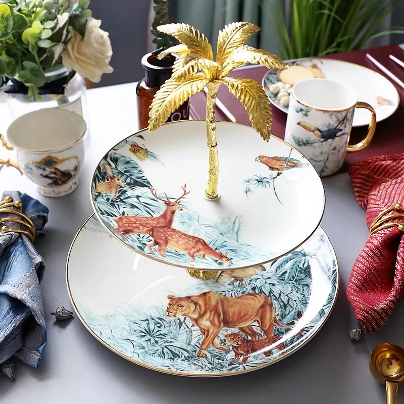 

Double Layers Jungle Animal Cake Stand Cake Plate Snack Dish Tableware Luxury Dessert Tray Gift Home Decoration