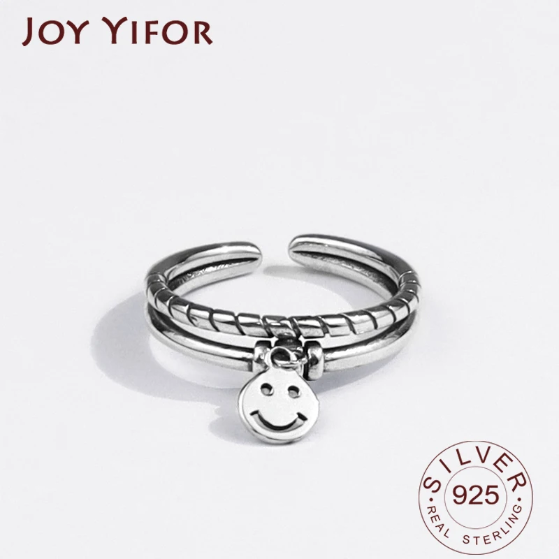 

925 Sterling Silver Rings for Women Smile Face Vintage Wedding Trendy Jewelry Large Adjustable Antique Rings Anillos