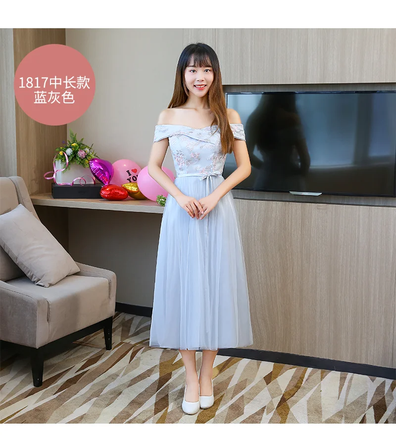 Сине серое платье с вышивкой длиной ниже колена женское свадебное простое