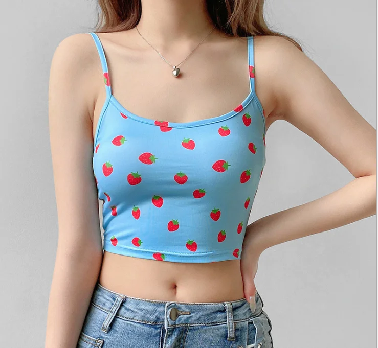 

Women Backless Sweet Strawberry Print Tank Top Vest Top Summer Fashion Sleeveless Tops Beach Holiday Tanks Sun-tops Camisole