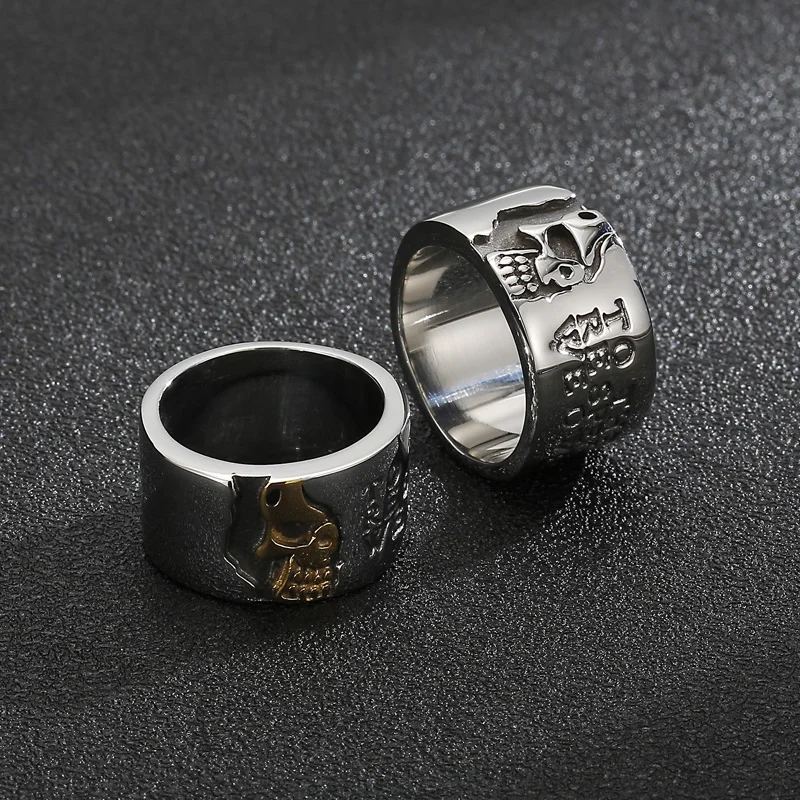 

13MM Width Punk Gold Silver Color Skull Rings For Men Viking Jewelry Stainless Steel Uppercase Letter Skeleton Hombres Anillos