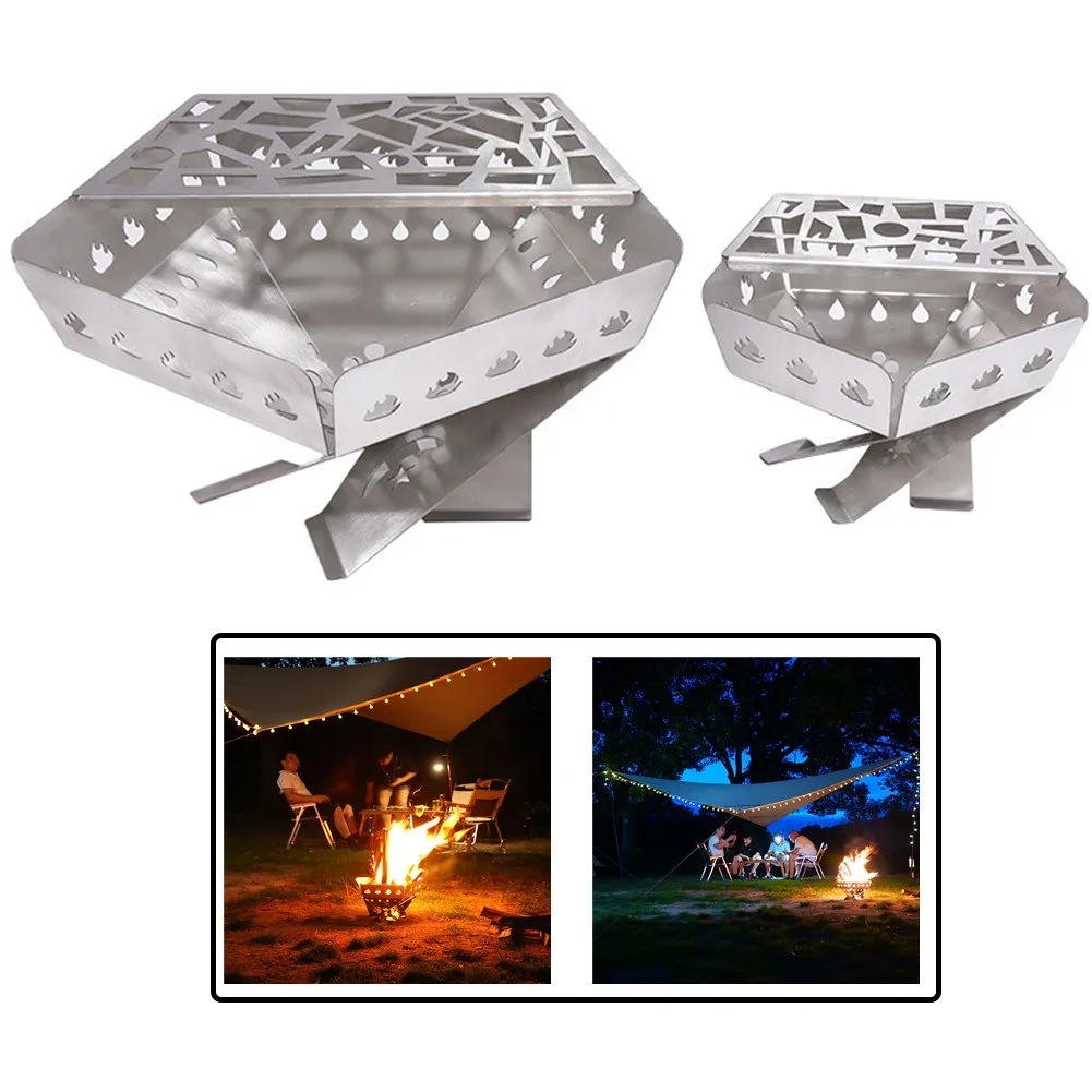 

Outdoor Stainless Steel Fold Wood Stove With Grill Foldable Campfire Bracket Roasting Net Storage Bag For Camping Picnic FirePit