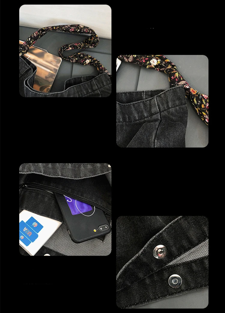 

Female Rural Denim Hobo Handbag with Small Floral Belt 2021 Teenager Student Washed Jeans Fabric Daily Cute Slouch Messenger Bag