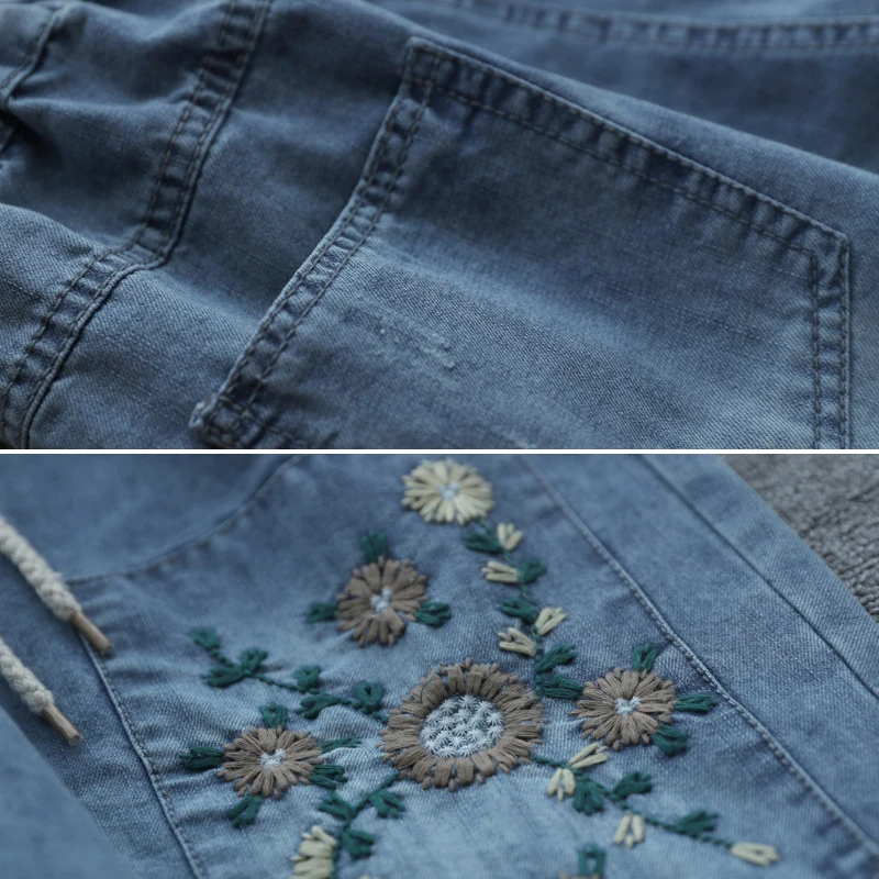 

Women Summer Jeans Vintage Elastic Waist Floral Embroidery Drawstring Denim Pant S Female Casual Loose Straight Shorts Pants