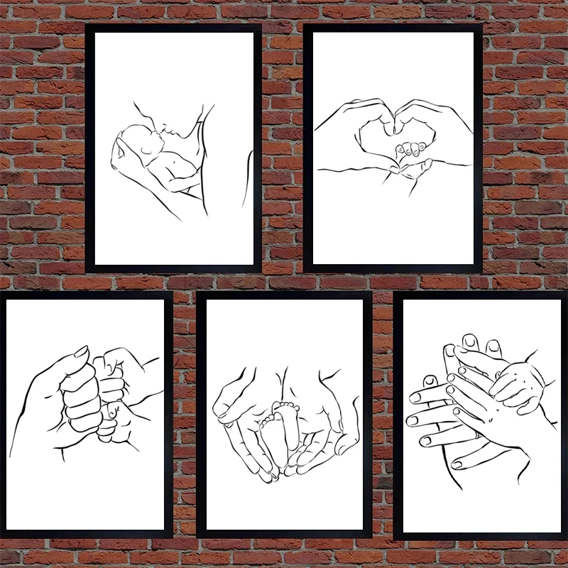 

Family Portrait Mom Baby Art Line Drawing Posters Abstract Minimalist Hands Heart Wall Canvas Print Painting Bedroom Home Decor