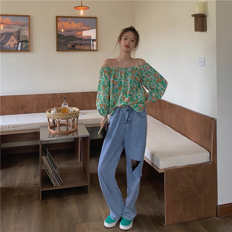 

korean style Sweet Off shoulder blouse women Floral print blouses loose summer tops 2021(K891)