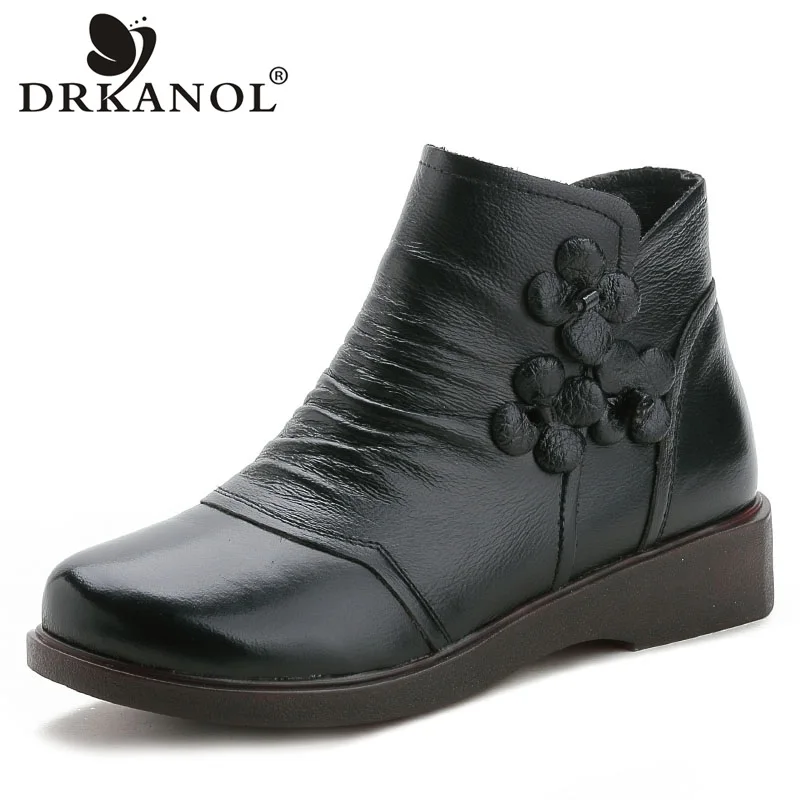 DRKANOL/Коллекция года; сезон осень-зима; теплые женские зимние ботинки; ботильоны для женщин на плоской подошве; нескользящая Водонепроницаемая хлопковая обувь из натуральной кожи