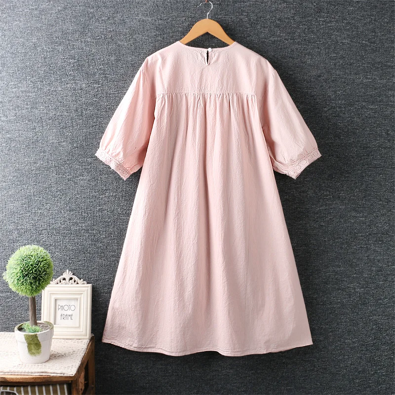 

Summer new women's dress O neck short sleeve pleated dress solid embroidery flower loose casual dress