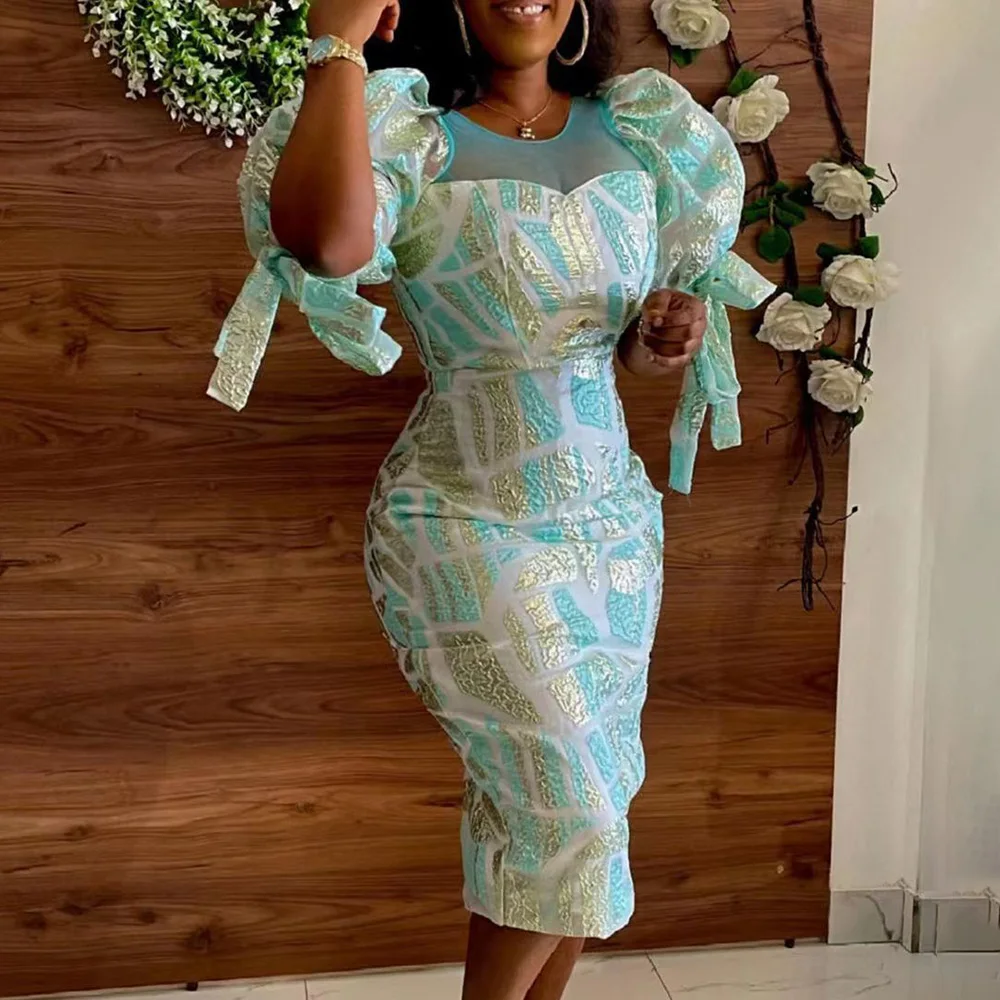 

Women Dresses Dinner Club Night Sexy Bodycon Geometric Print Fashion Puff Sleeve O Neck African Formal Female Party Dresses