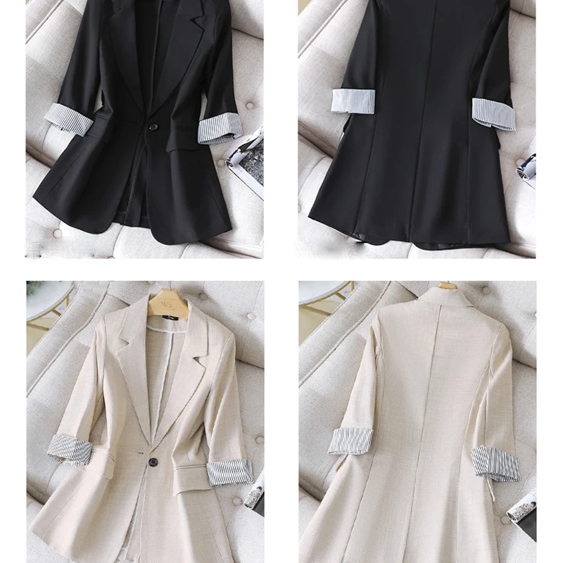 

Black One-piece Suit Jacket Women Thin Spring Autumn Casual Suits Outerwear Three-quarter Sleeve Suits Women's Plus Size Blazer
