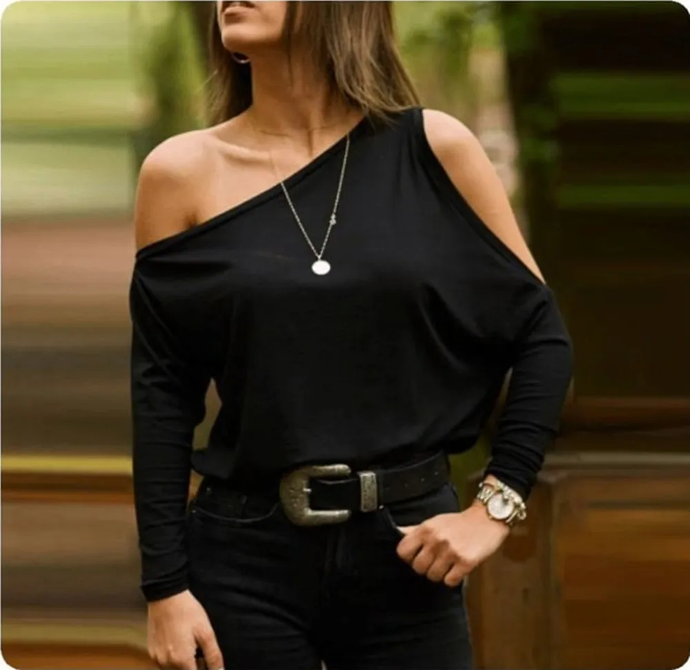 

T-Shirt Women Fashion Skew Collar Off Shoulder Spring Autumn Tops Solid Color Tee Shirt Batwing Sleeve t Shirt Casual Streetwear