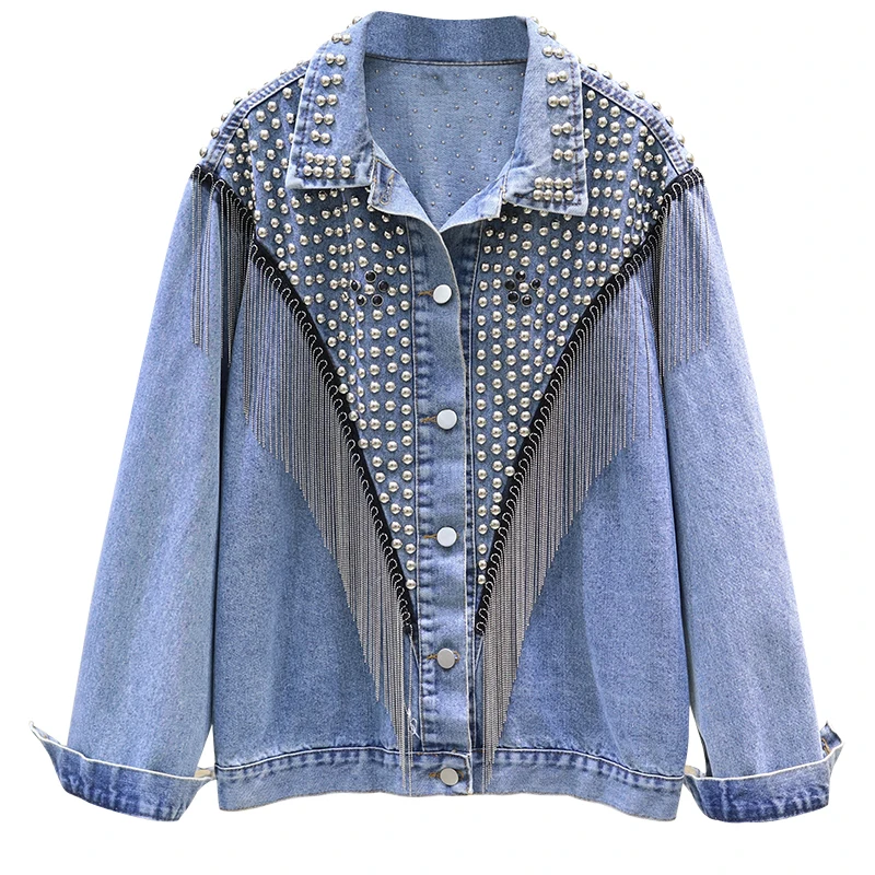 [EWQ] 2021 Новинка весны длинный рукав с бахромой и заклепками куртка размера плюс