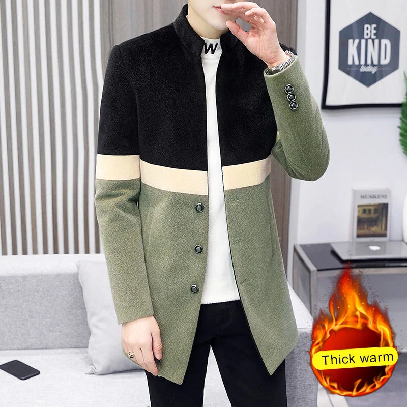 Зимний цветной мужской костюм со стоячим воротником средней длины утепленный и