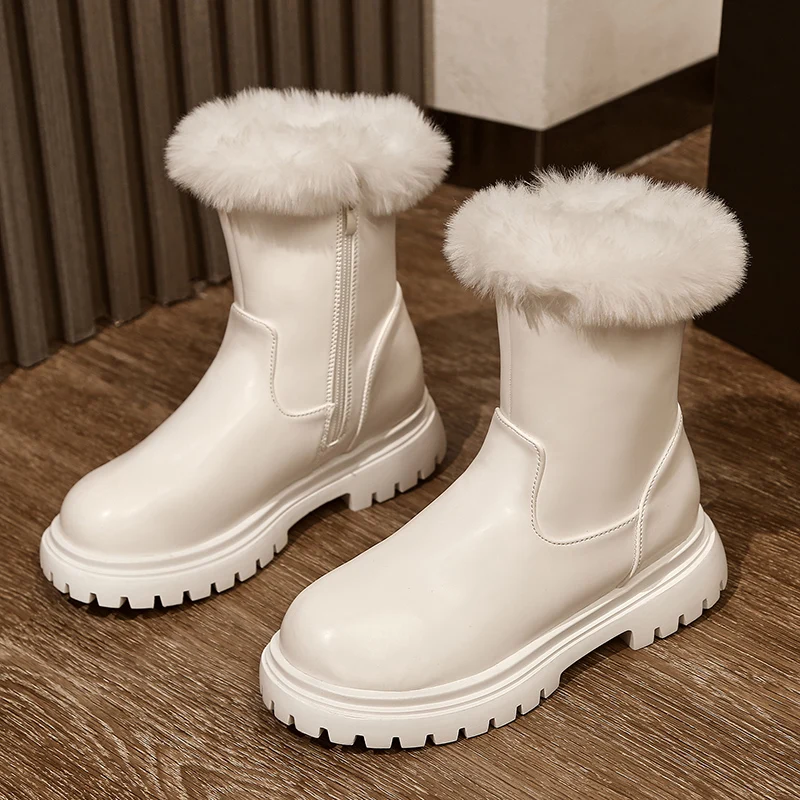 

Rimocy Winter Warm Fur Ankle Boots for Women Platform Zip PU Leather Short Boots Woman 2021 Fashion Non-slip Plush Botas Mujer