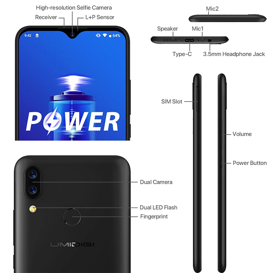 UMIDIGI power Android 9 0 5150 мАч большая батарея 18 Вт 6 3 'FHD + экран капли воды 4 Гб 64 Helio P35