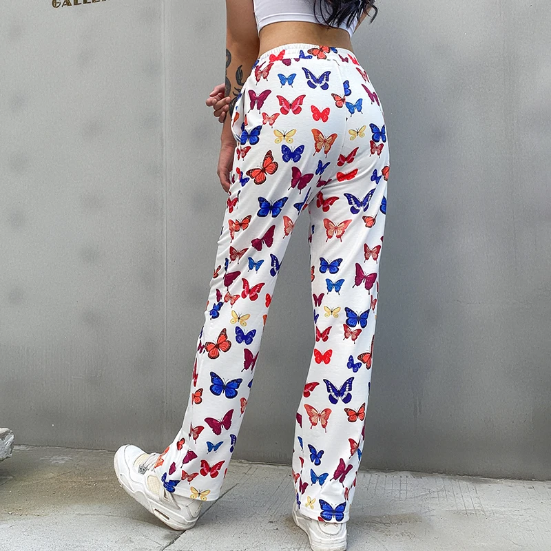 

2020 summer straight loose trousers Women's Butterfly Printed Pants Cotton Blended Mid-Waist Casual Sports Trousers