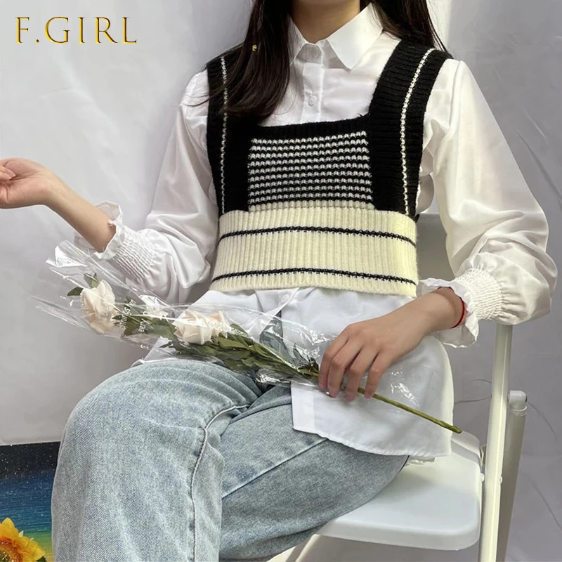 

Sweater Vest Women Patchwork Spring 2021 Trendy Sleeveless Korean Style Leisure Square Collar Jumpers All-match Elegant Female