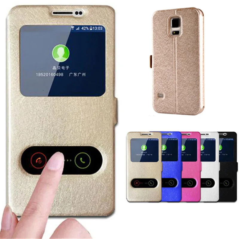 Coque Stand Funda для Samsung Galaxy S5 Чехол из шелковой кожи с окошком просмотра откидная