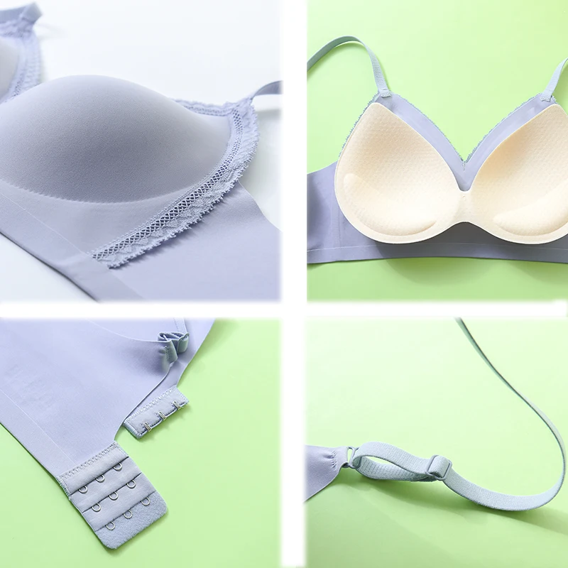 Asha&Vicki Natural Latex Health Care Underwear Lace Sexy Seamless Stitching Gather Up Support No Steel Ring Pure Color Bra Women