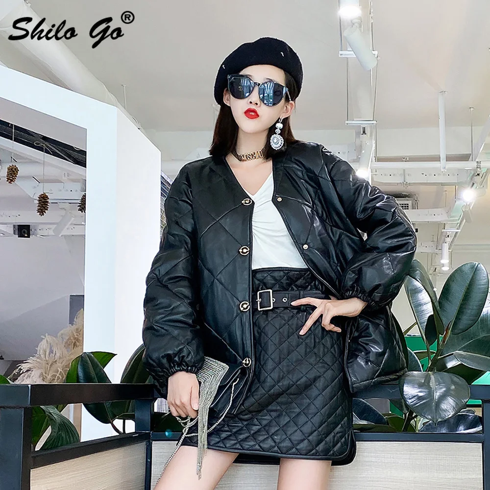 

Casual Buttons Front V Neck Buttons Front Drop Shoulder Coat Women Winter Casual Genuine Leather Jacket Thermal Padded Outwear