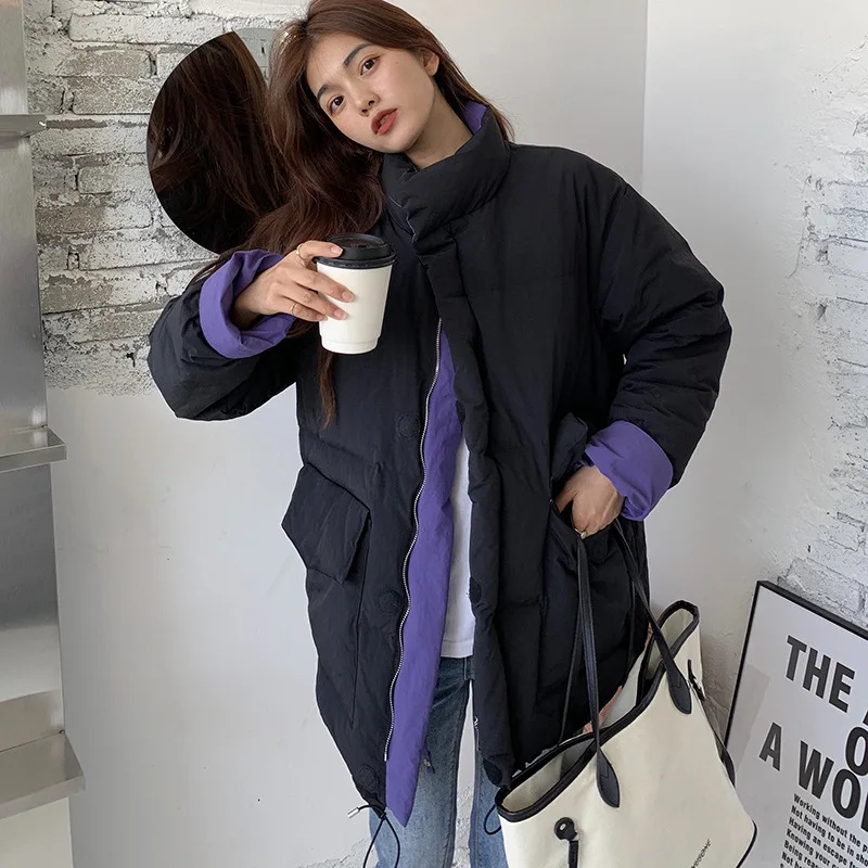 

Новый 2020 Зима Новая двухсторонняя пуховая куртка в Корейском стиле; Свободные средней длины 90% белый утиный пух Женская куртка с капюшоном