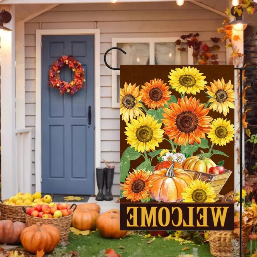Welcome Fall Garden Flag Farmhouse Pumpkin Sunflower Cat Vertical Thanksgiving Yard Flag images - 6