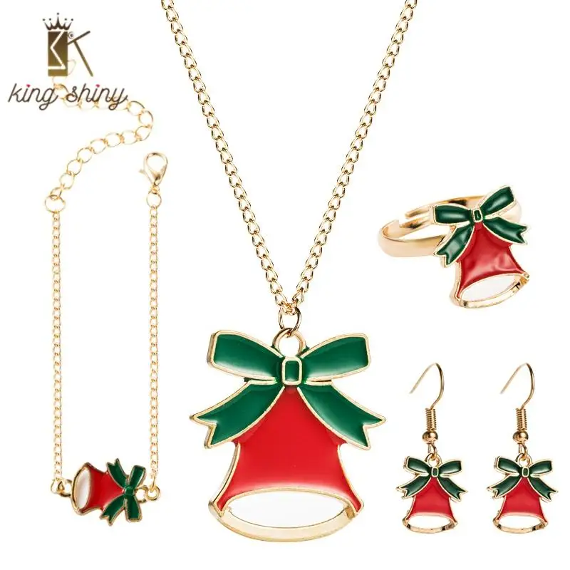 

Luxury 4pcs Christmas Bowknot Bell Jewelry Set Santa Bell Necklace Earrings Bracelet Earrings Christmas Gifts for Lover Mother