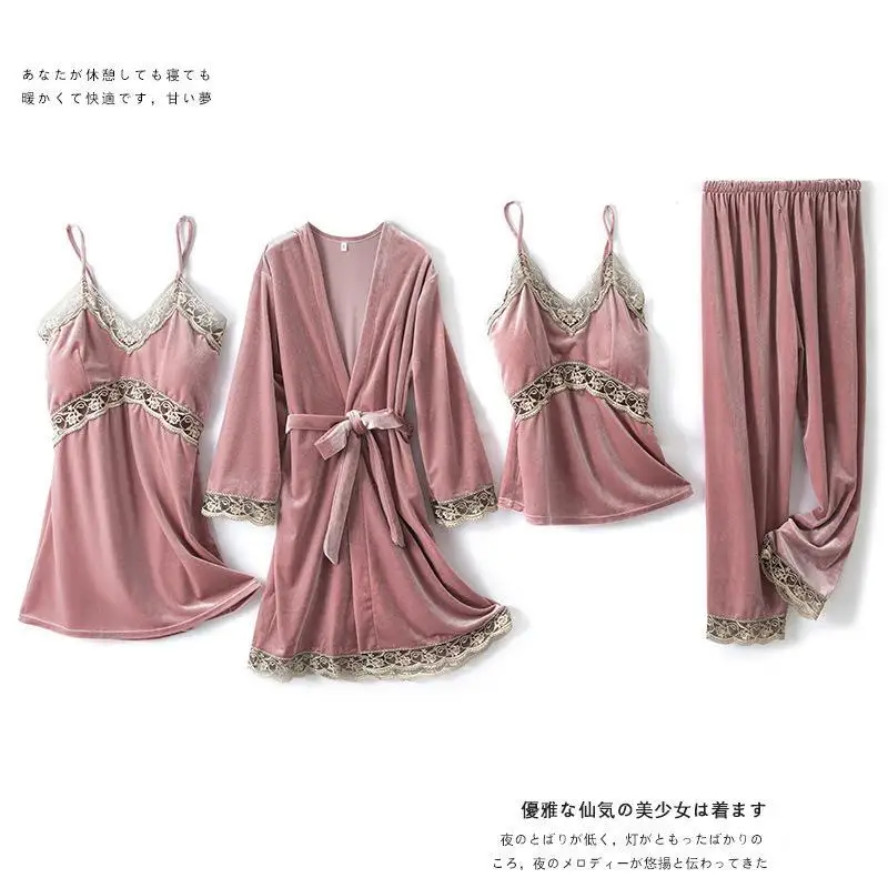 

4PCS Pajamas Suit Homewear Velour Nightwear Women Casual Home Clothing Intimate Lingerie 2021 Autumn New Sleep Set Pyjamas