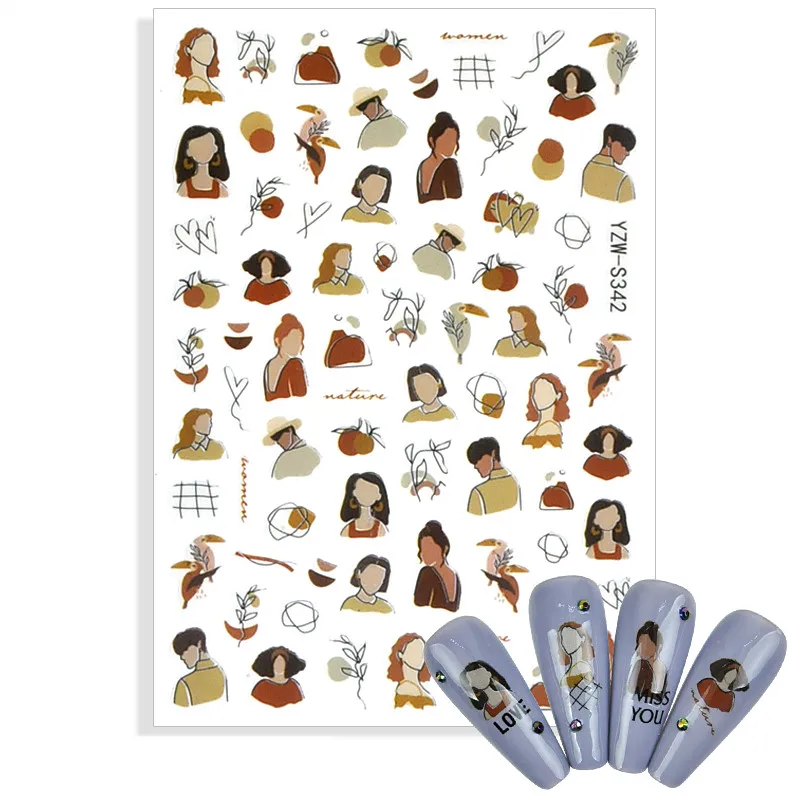 3D наклейки для ногтей в форме привлекательной леди с изображением персонажа лица