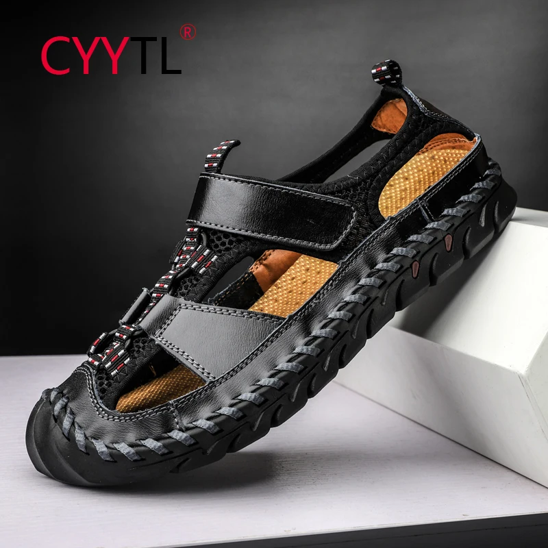 

CYYTL Men's Fashion Casual Flat Shoes Leather Outdoor Beach Sandals Plus Size Non Slip Closed Toe Slippers Summer Sports Slide