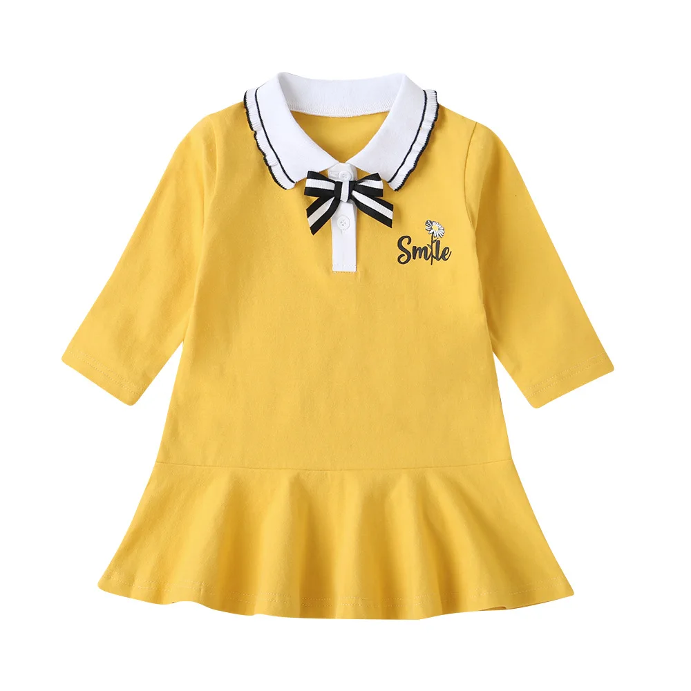 

Winter 2020 Girls Dress Girls Cute Dress Pure Cotton Long Sleeve Turn-down Collar Bow Letter Yellow Casual A-line Dress Vestidos