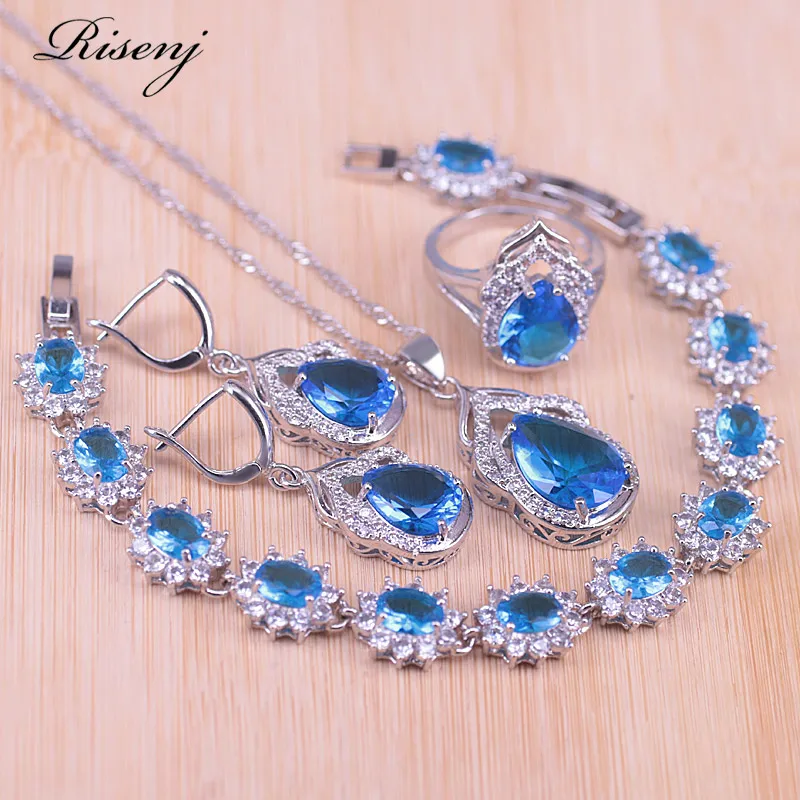 Небесно Голубой большой акварельный серебряный костюм ранние серьги кольцо