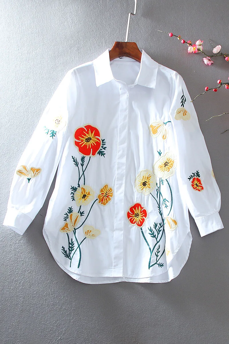 

SuperAen Spring Dress Retro Loose Medium Length Embroidery Flowers Turn-down Collar Long Sleeve Shirt Women's Blouses