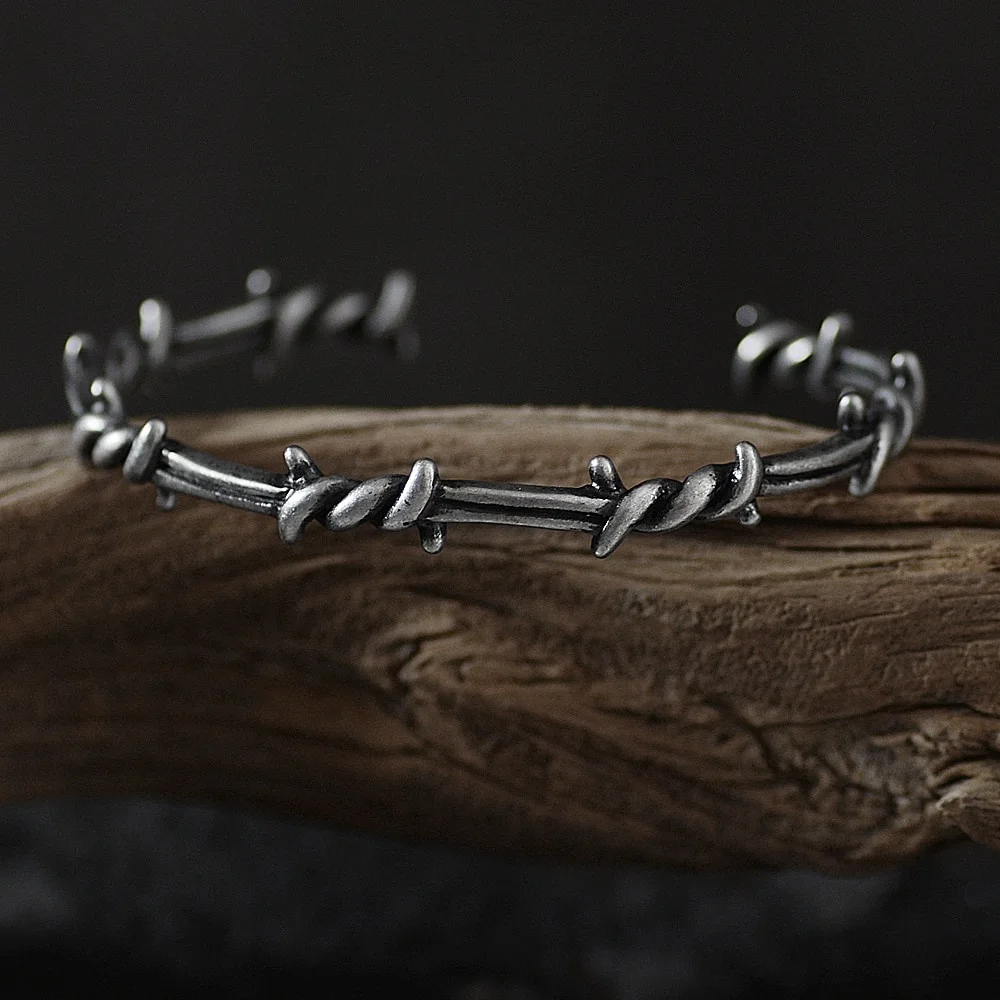 

Men Bangle Open Cuff Twist Thorns Wire Pulsera Titanium Steel Geometric Bracelet Open Cuff Barbed Jewelry Viking Bangles