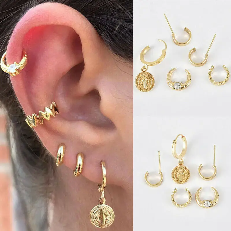 

5pcs/set Zircon Crystal Stud Earrings For Women Girls Gold Punk Hoop Band Jesus Earrings Clip Oorbellen Boucle D'oreille Brincos