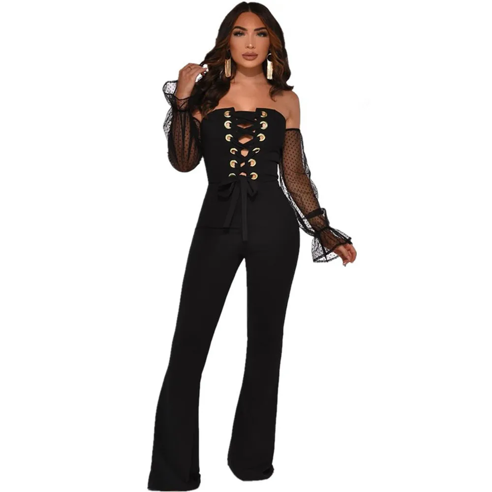 Sexy Lace Up Bandage Jumpsuit Women Spring Slash Neck Off Shoulder Long Sleeve Party Club Rompers Womens Jumpsuit Wide Leg Pants