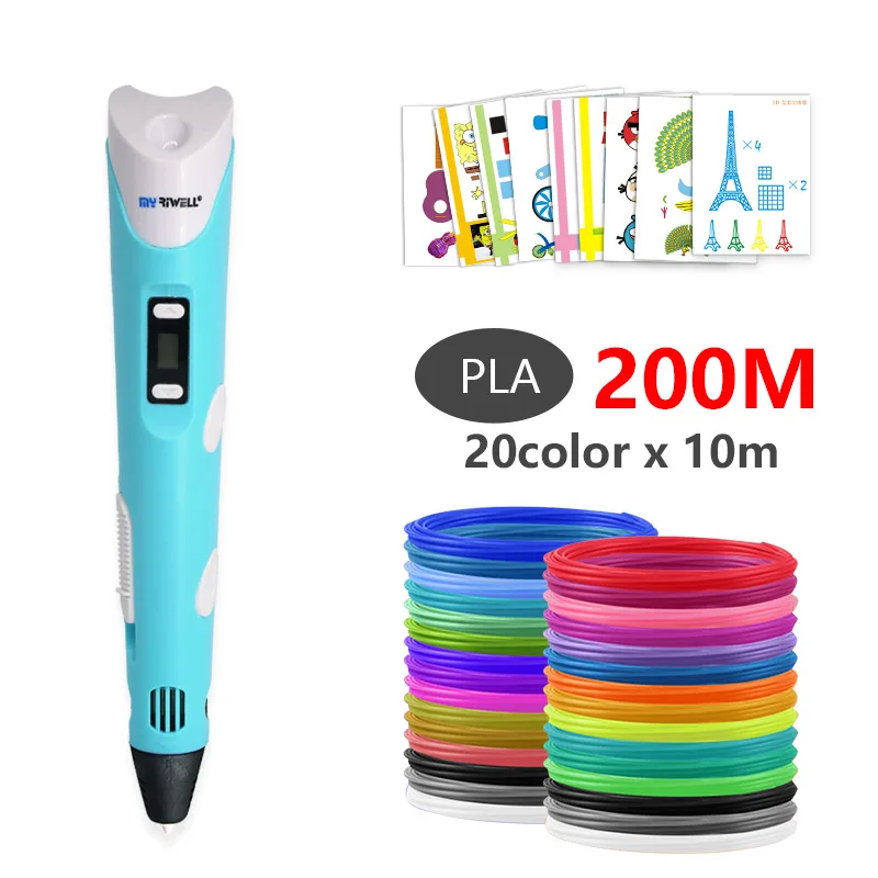 Blue with PLA 200m Myriwell abs 3d pen 3d pens 3d ручка 3д ручка 3d для объёмного рисования LCD дисплей,1.75мм pla пластик нить 3d печать ручка 3д ручку 3d ручка Сделай сам подарок детских подарков - Цвет: Blue with PLA 200m