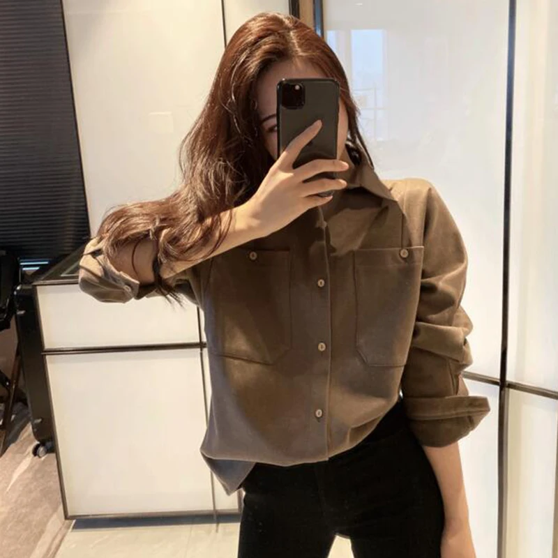 

Sister Fara Spring Autumn New Woman's Long Sleeve Shirt Square Collar Solid Color Korean Thicken All-Match OL Office Lady Shirt