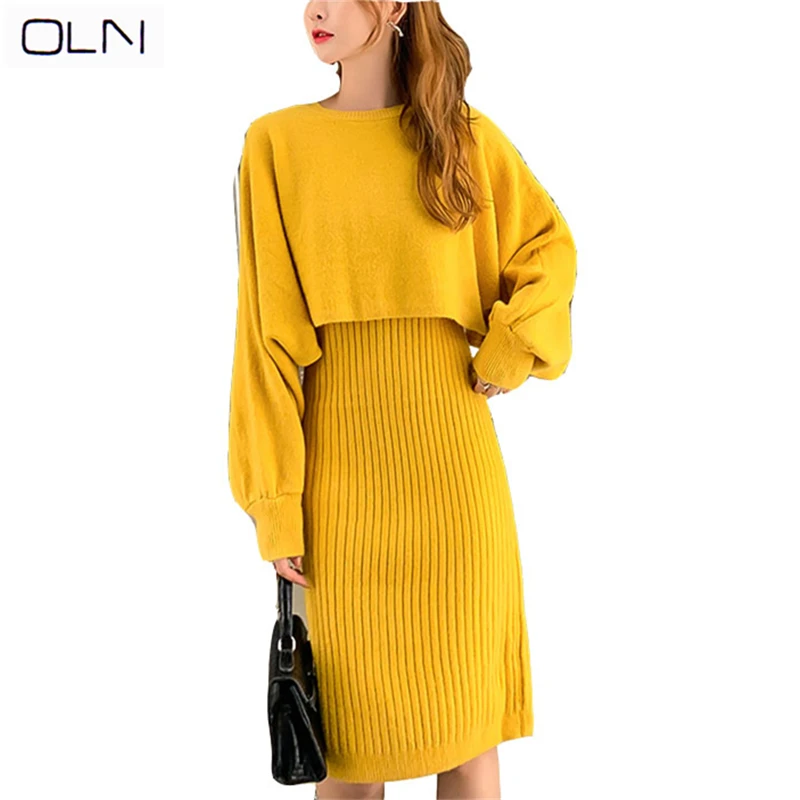 Осеннее платье OLN корейский vestidos Новое поступление Зимний трикотажный шерстяной костюм платье-свитер женский из двух предметов