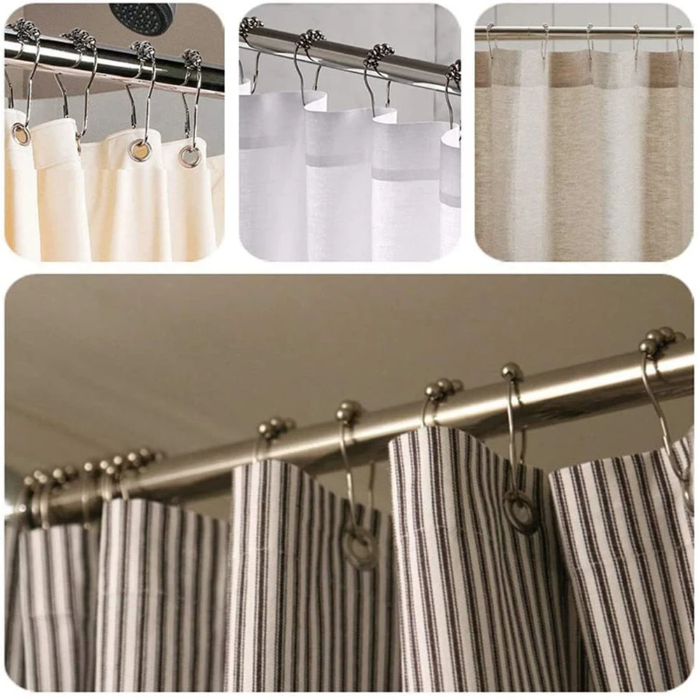 

12pcs Stainless Steel Bath Curtain Rings Hooks For Bathroom Toilet Shower Curtain Hooks U Shaped Five Balls Easy Installation