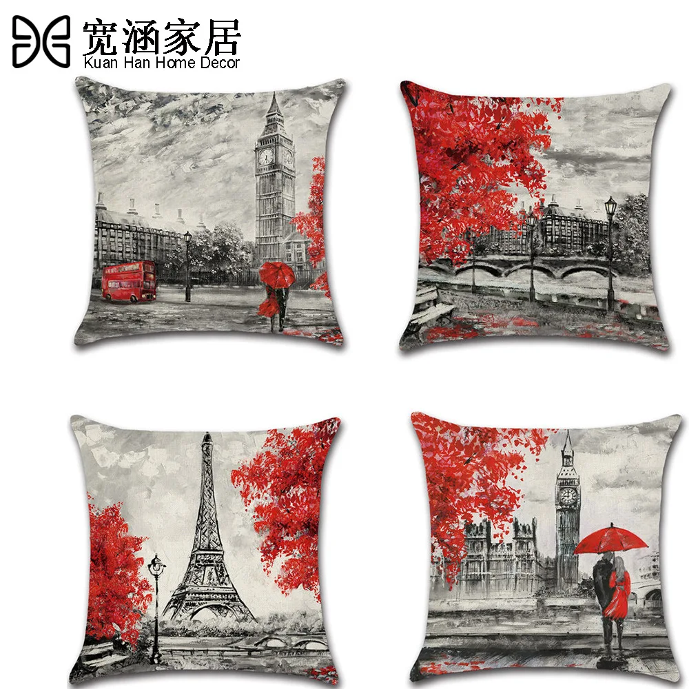 

45*45cm New Square The View Of The City Decorative Throw Pillow Case Painting Flax Pillowcase For Home Pillow Cover