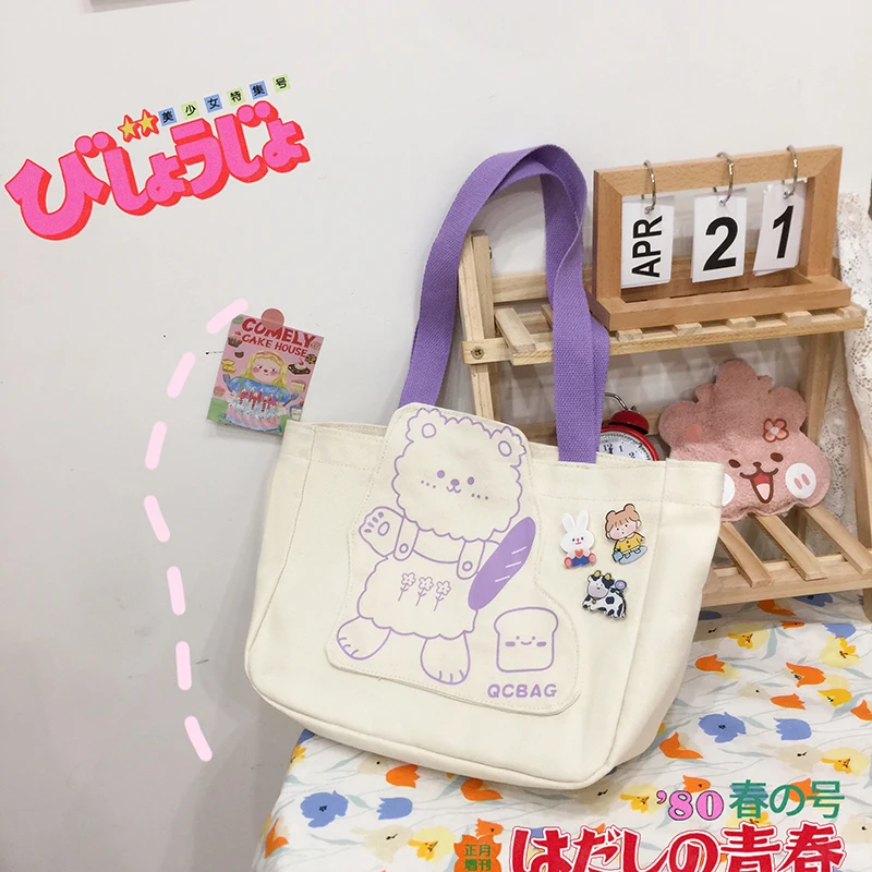 

Women Bags kawaii Handbags Simple Canvas Bags for Girls Casual Tote Bear Pattern Bags Designer Shoulder Bags Fashion Tote Bags