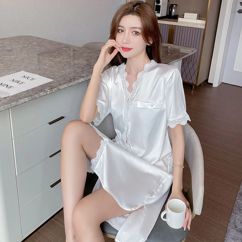 

Women's high-low design robe nightgown sleepwear Lace sexy white wedding bathrobe femme homewear nightie bride bridal bridesmaid