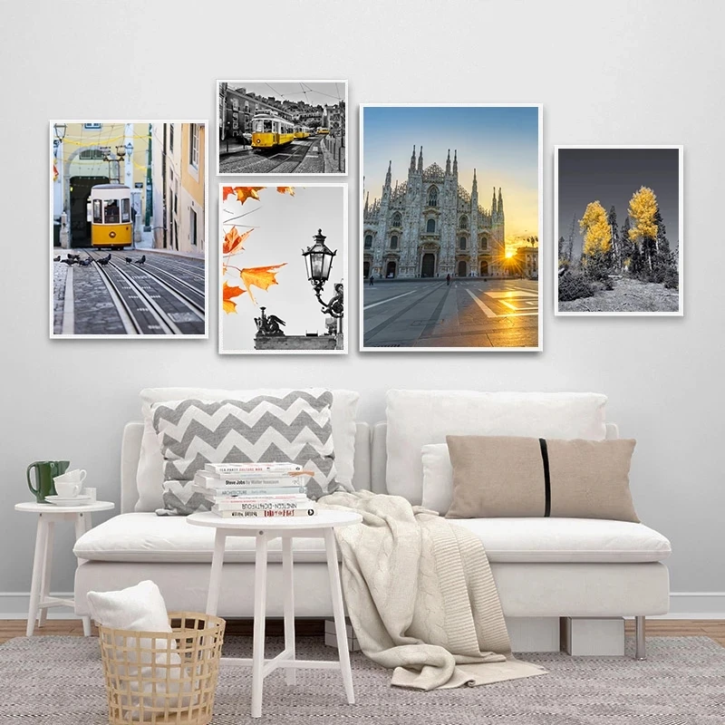 

Simple Canvas Poster Natural Landscape Painting Black Yellow Bus Church Wall Art Prints for Living Room Home Decoration Pictures