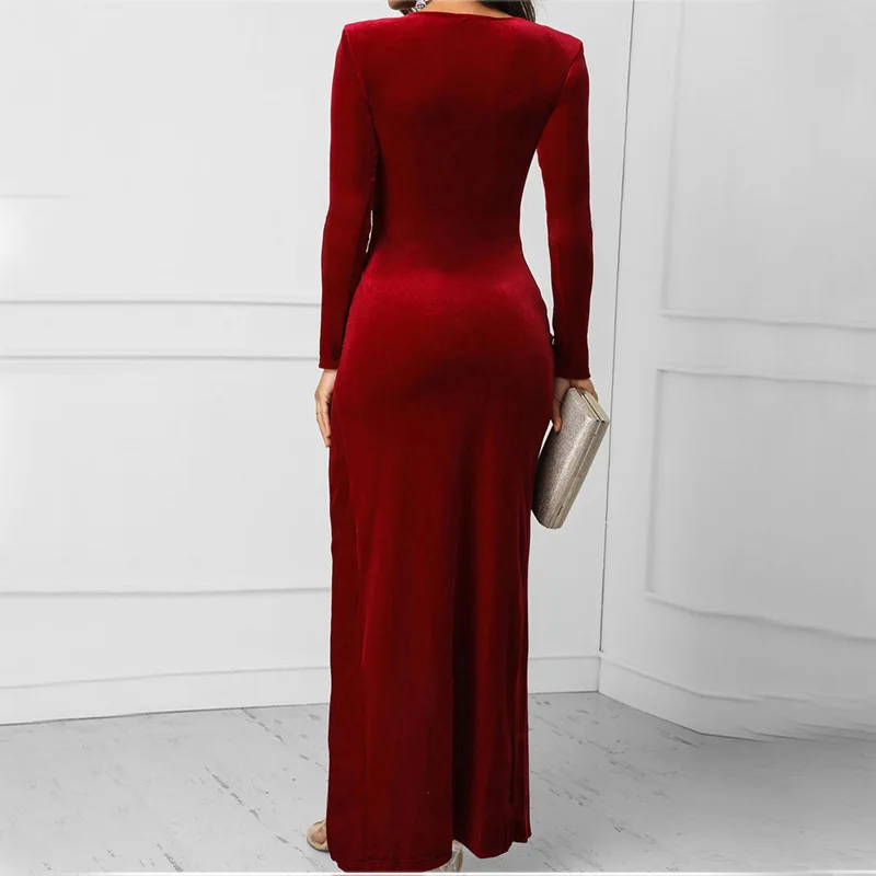 Женское бархатное платье-макси с высокой талией и V-образным вырезом | Женская