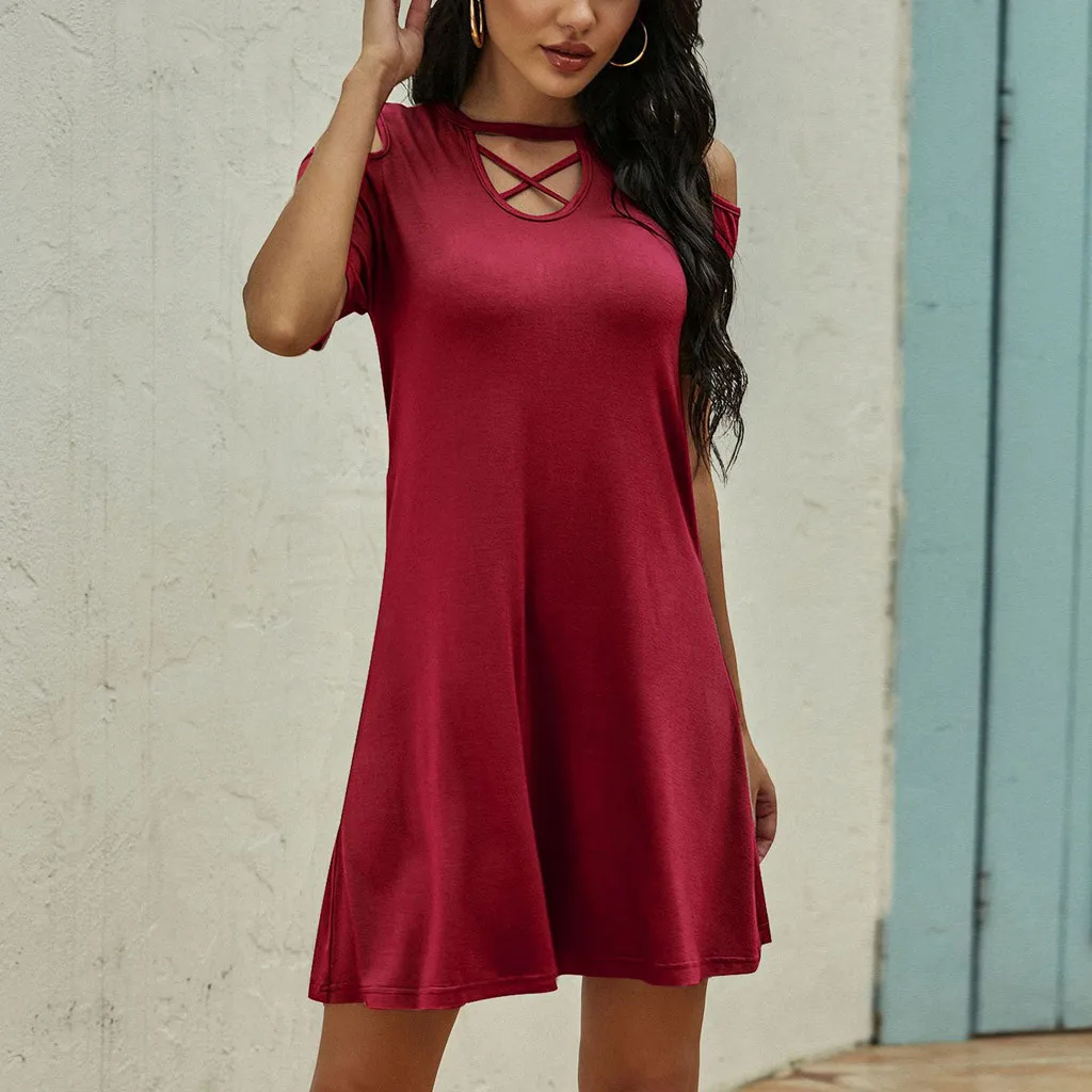 

vestido Fashion Women Short Sleeve Strapless Cross Dress Ladies Hollow Out Solid Bandage Mini Dress Women Elegant Party Dress