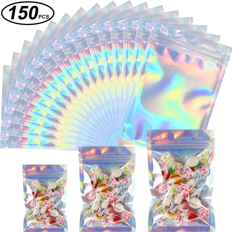 150 Pcs Mylar Zipper Closure Bags Aluminum Foil Food Storage Holographic Rainbow Color Resealable Pouch | Дом и сад