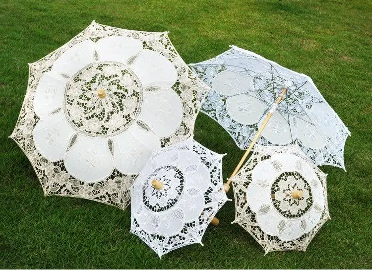 

White Lace Bride Umbrella Small Sun Umbrella Cotton Embroidery Bride Umbrella White Lvory Lace Parasol Bride Wedding Wholesale