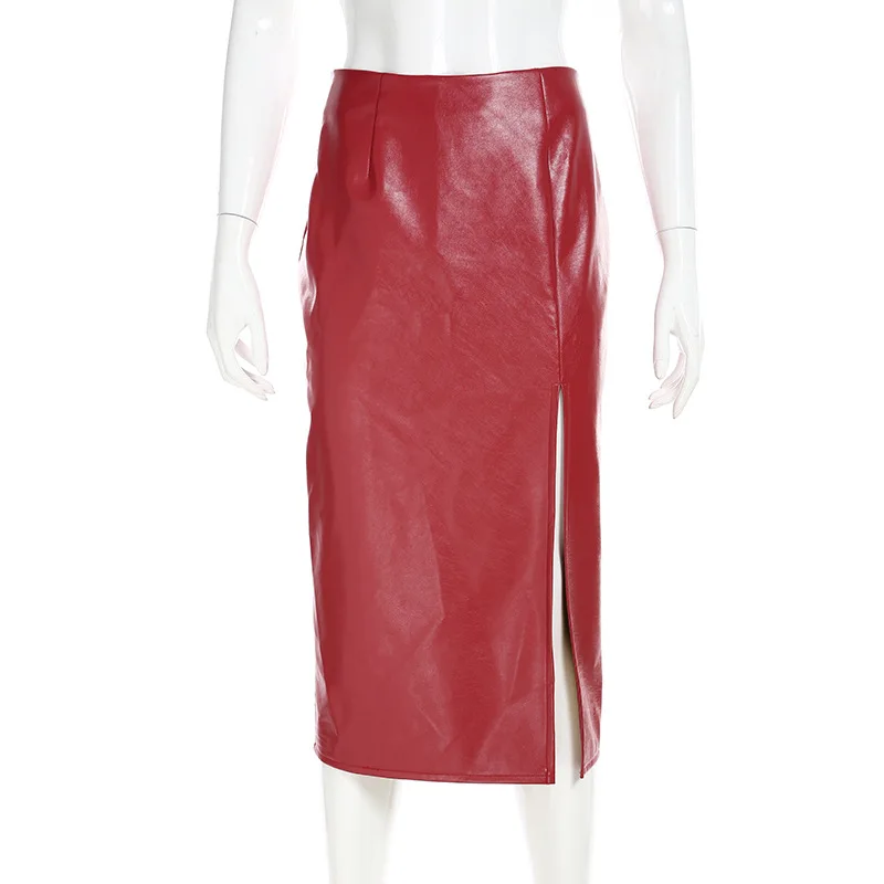 Женская юбка из ПУ кожи красная облегающая средней длины на молнии с высокой