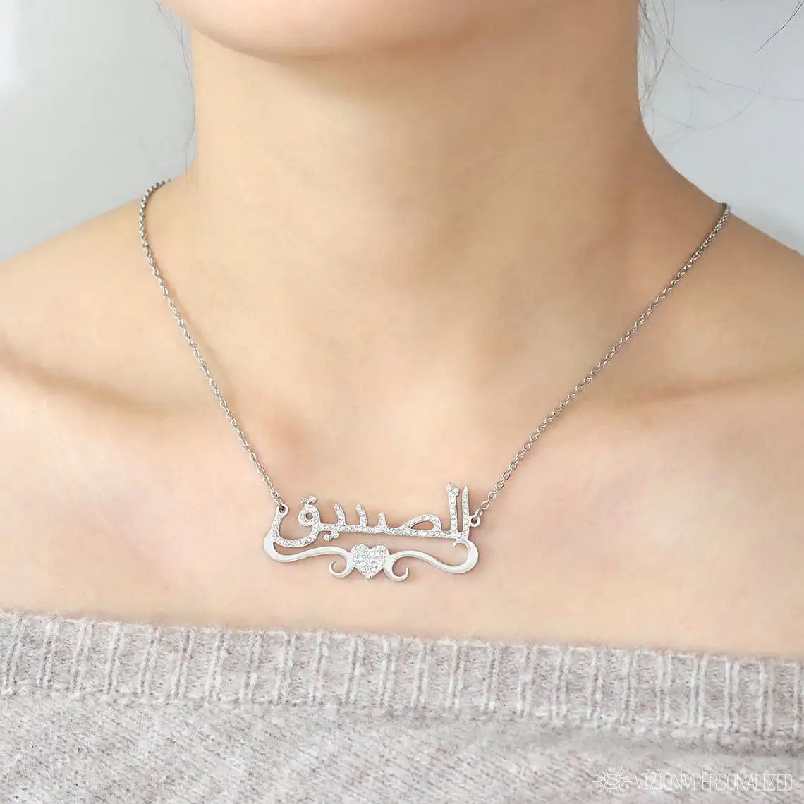 

Heart With Personalized Iced Out Zirconia Arabic Name Necklace Custom Crystal Bling Name Stainless Steel Choker Women Jewelry